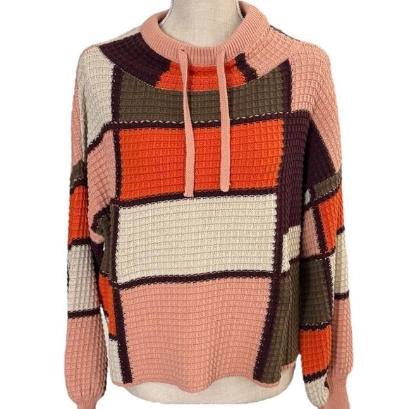 Women's Large Color Block Waffle Knit Cowl Neck Sweater, Peach/Orange/Brown - Picture 1 of 4